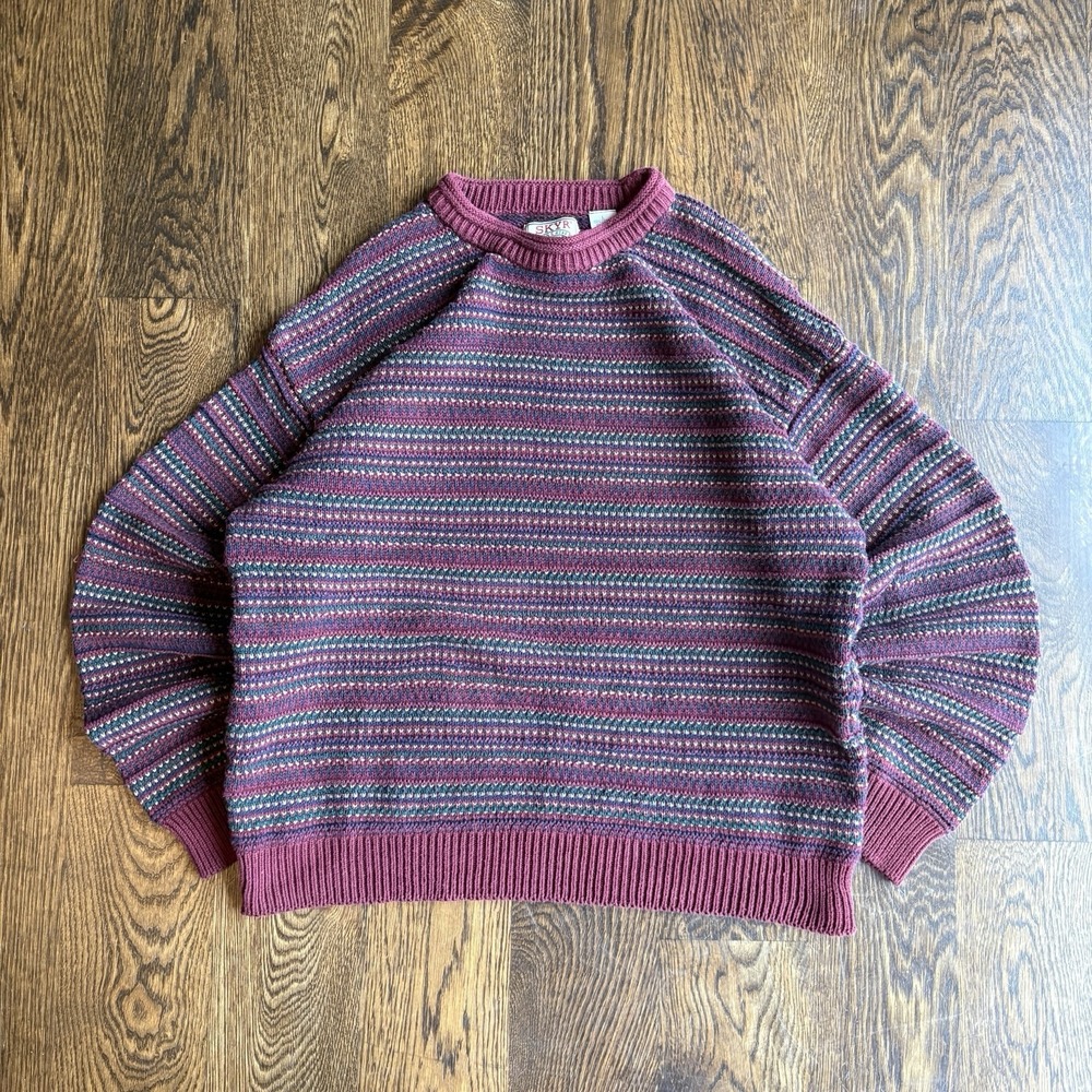 Vtg 80s Skyr Striped Knit Sweater Mens Large Boxy Cotton Grunge Coogi Style Crew